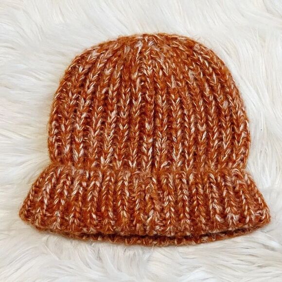 Boho Knit Fold Over Casual Beanie Orange and White One Size - Picture 1 of 3